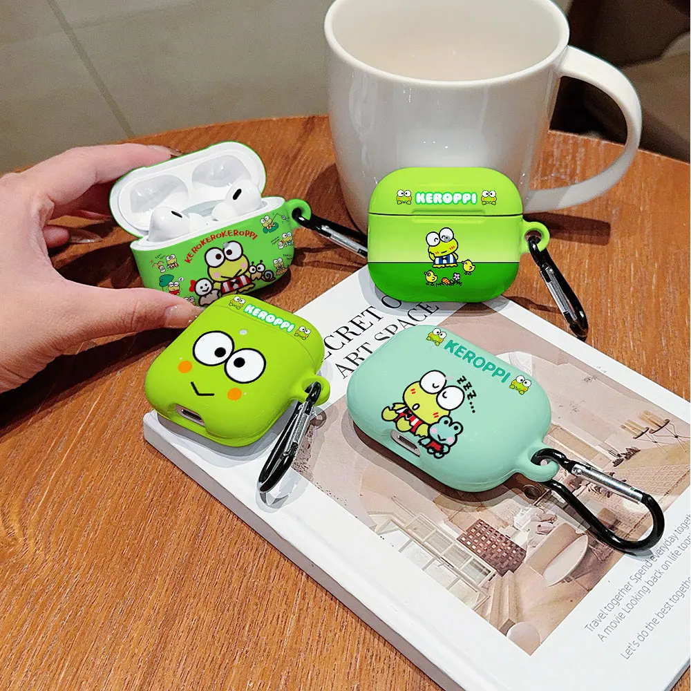 Cute Keros Keroppis Shockproof Protective Glossy HD Hard PC Earphone Cover Case For AirPods 1 2 3 4 Pro Pro2 with Metal Hook