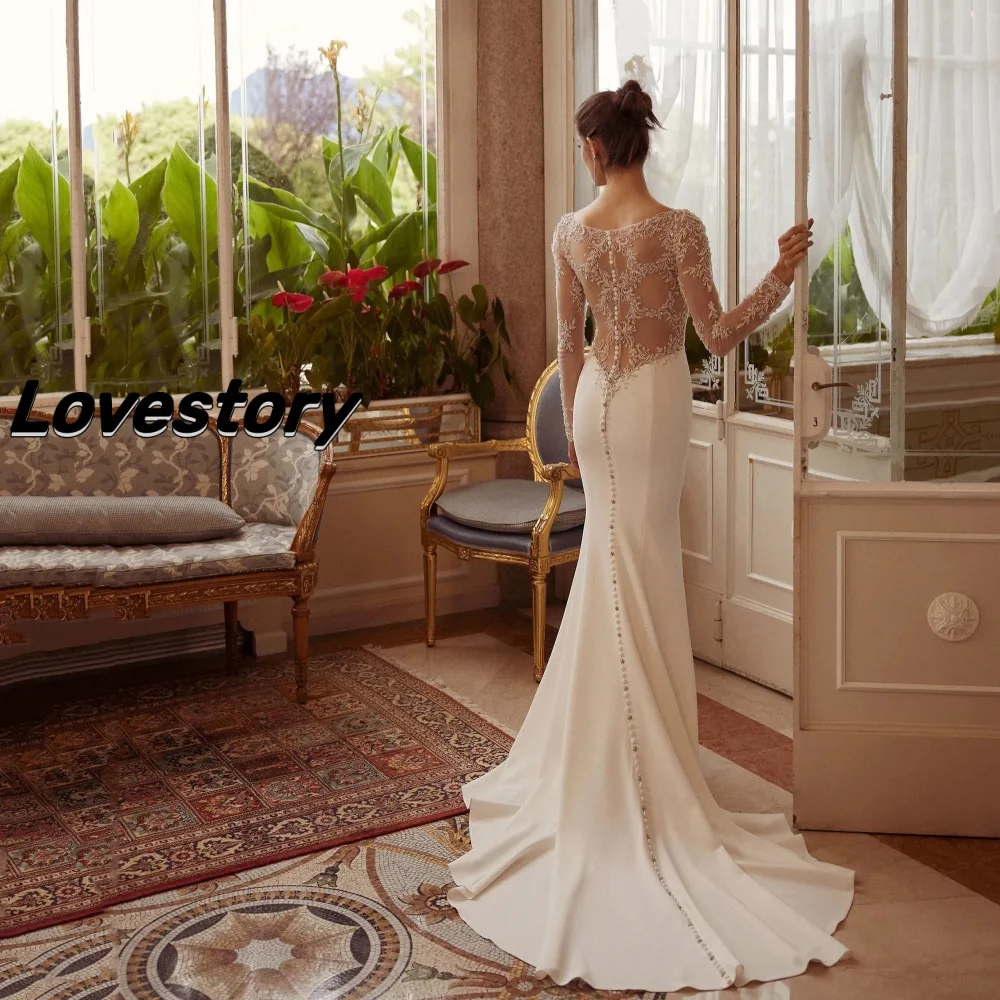 فساتين زفاف الوهم الخلفي مخصص الدانتيل زي العرائس حورية البحر زر الطربوش العنق أنيقة العروس رداء vestido de novia