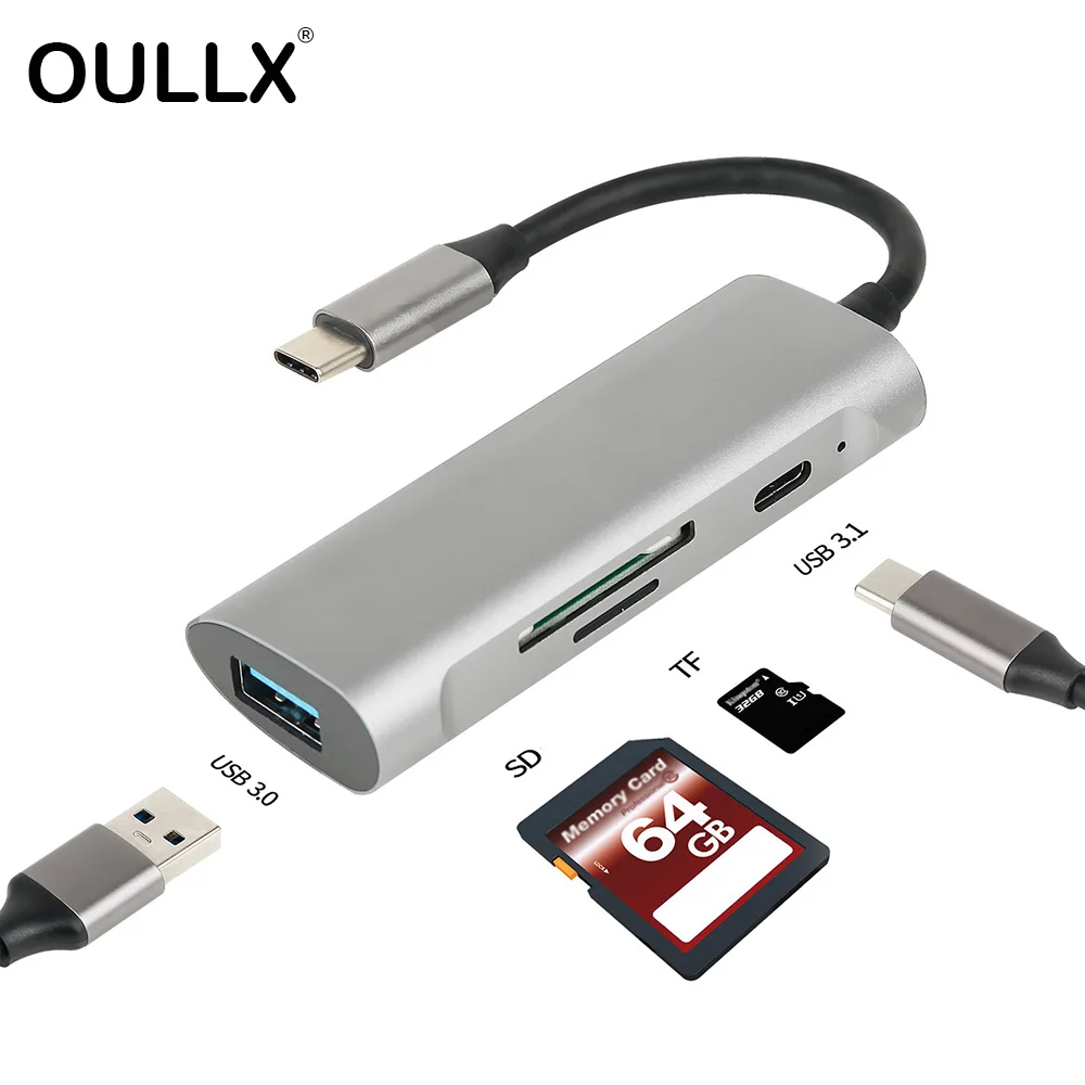 

OULLX Type C Hub with SD TF Card Reader USB-C Docking Station USB3.0 Combo Aluminum Alloy For Macbook Huawei Notebook Adapter