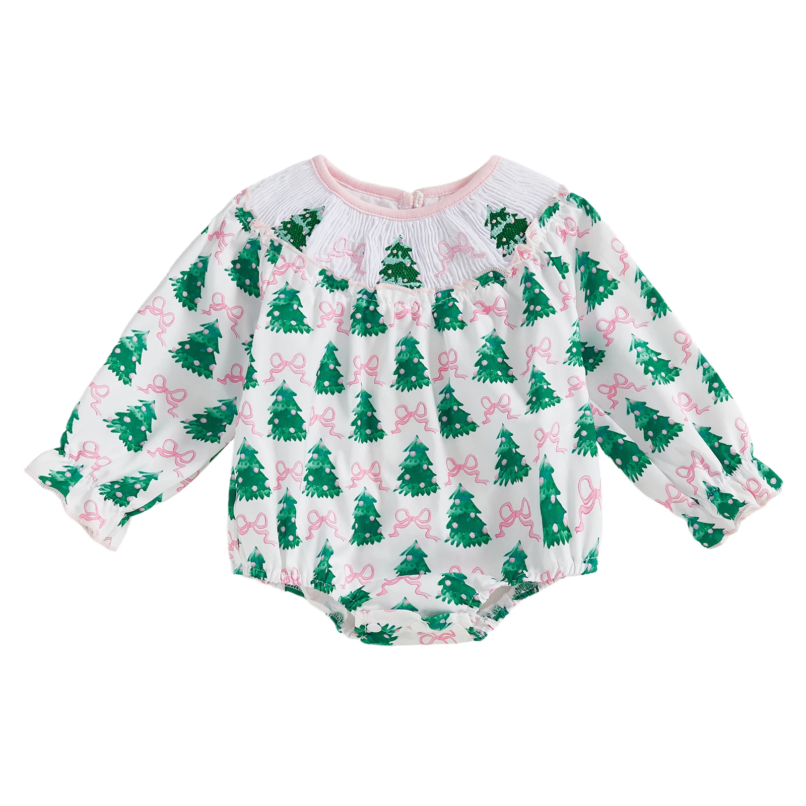

Baby Girl Christmas Romper Loose Fit Christmas Tree Bow Pattern Smocked Crew Neck Long Sleeve Infant Jumpsuit