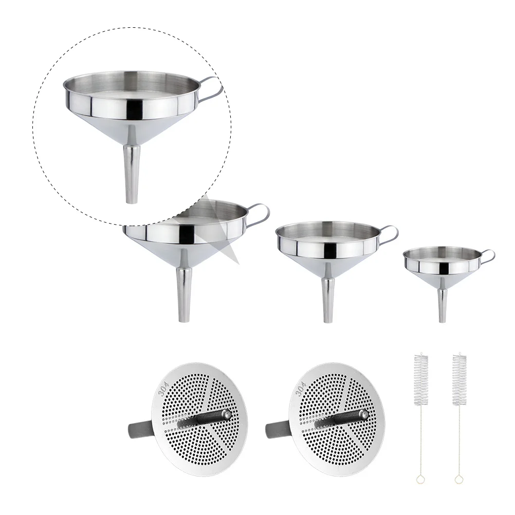 

Stainless Steel Funnel Set Strainer Tool Liquid Transfer Filtering Oil Wine Powder Sieve Handle Accessories Filters