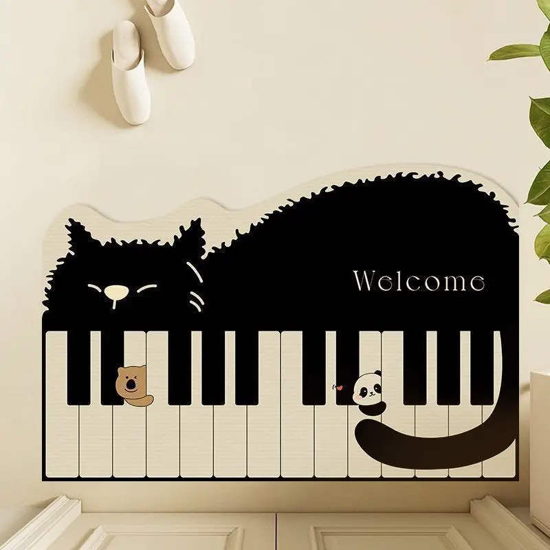 VIKAMA Piano-Key Black Cat Bathroom Mat Soft Diatom Mud Non-Slip Rug Water Absorbent Shower Mat for Home Decor Aesthetic