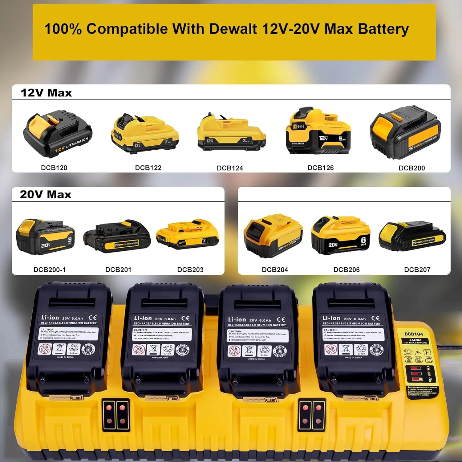 4-Ports Rapid Charger Replacement for Dewalt 12v 20v Max Battery Charger Station DCB104, Compatible with Dewalt 12V 20V Max Lith