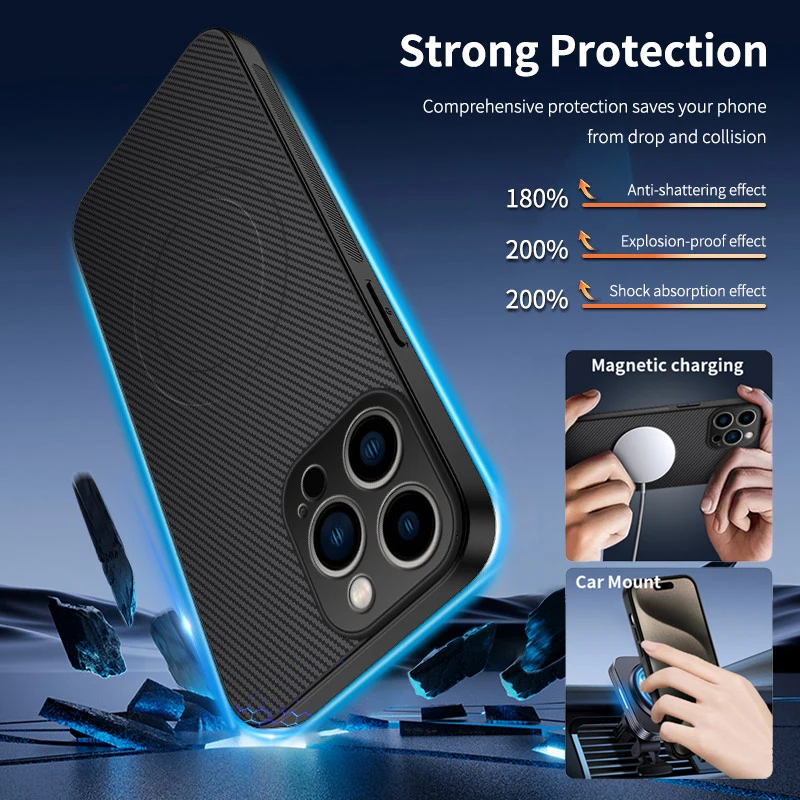 

Anti-Drop Carbon Fiber Silicone Soft Phone Case For IPhone Air 13 14 15 16 17 Pro Max 16E Magnetic Wireless Charging Back Cover