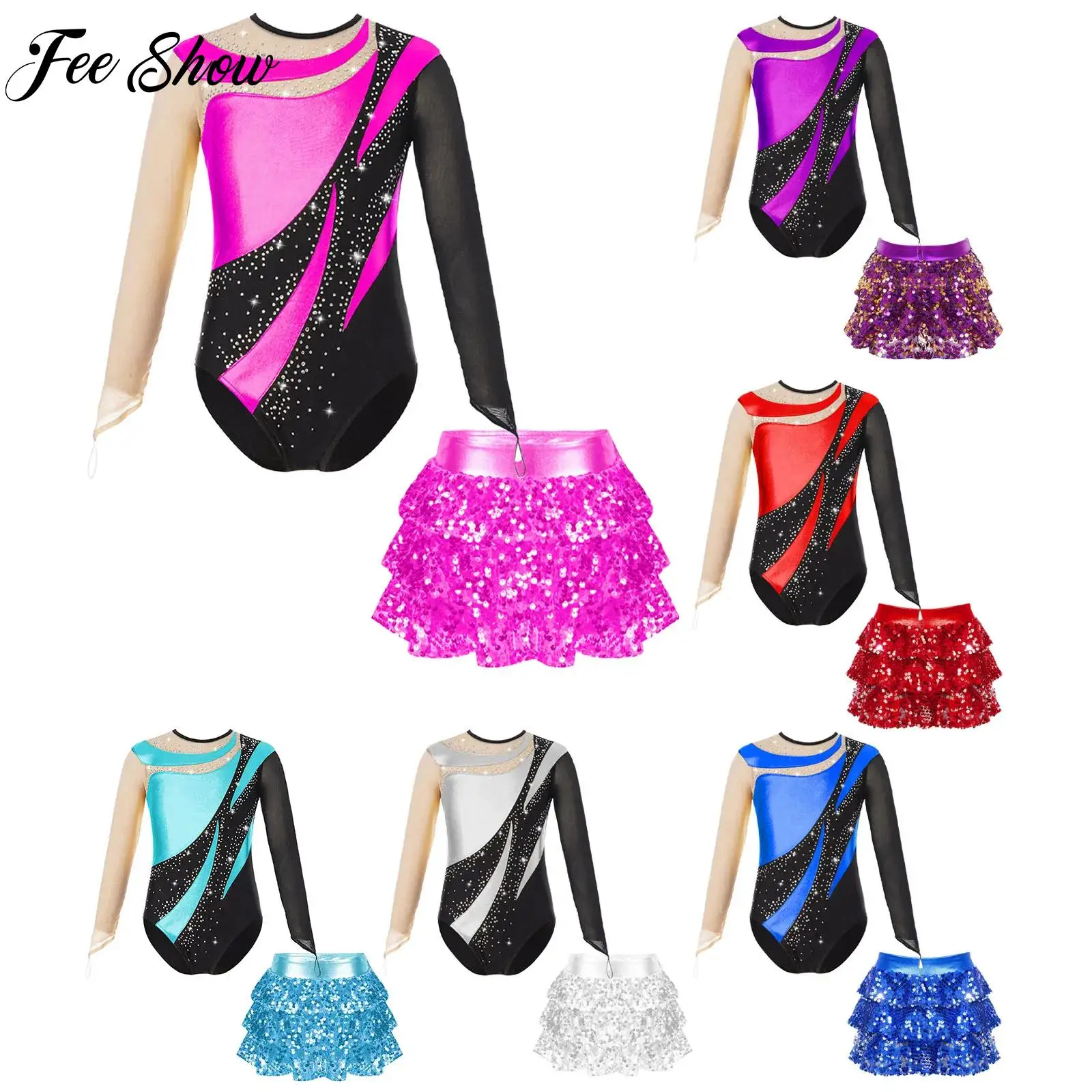 

Girls 2Pcs Ballet Dance Performance Set Long Sleeve Leotard with Sequins Skirted Shorts Teens Figure Skating Gymnastics Outfits