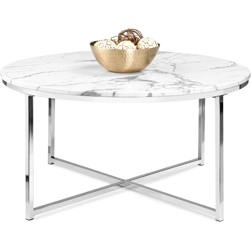 36in Faux Marble Accent Table, Modern, Large End Table Home Decor for Living Room, Dining Room, Tea, Coffee w/Metal Frame