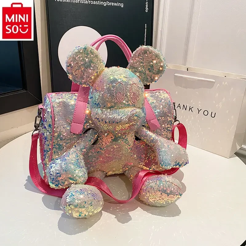 MINISO Disney Mickey Doll Shoulder Bag for Women, High Quality Glitter Sweet 3-in-1 Large Capacity Storage Handbag