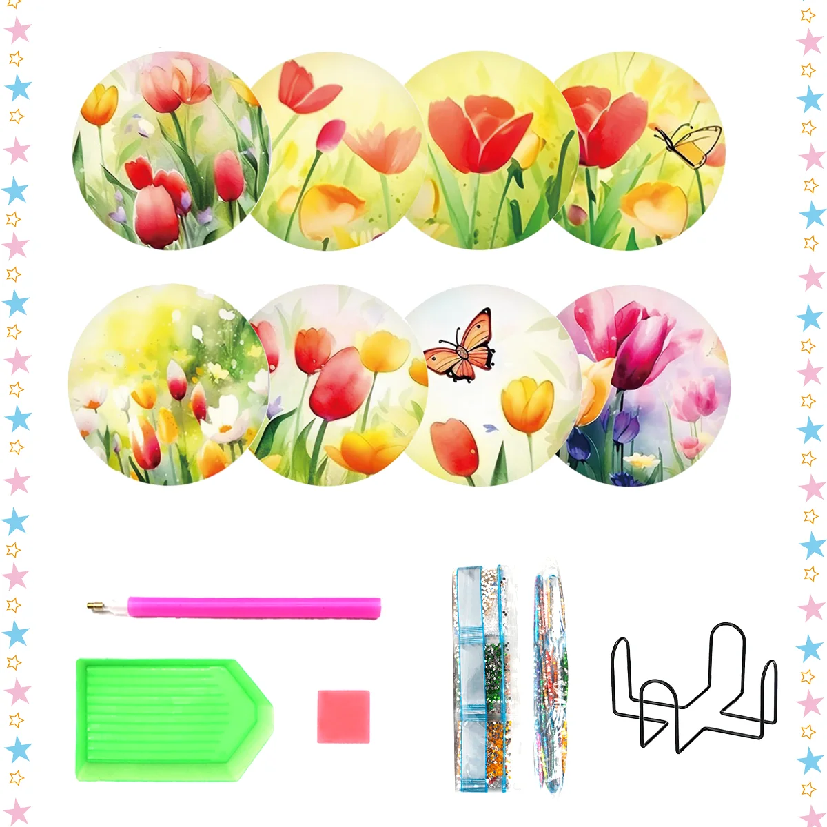 

CHENISTORY 8pcs/Set DIY Diamond Painting Coasters for Drinks Anti Slip Wood Coasters with No Holder Flowers Diamond Painting Coa