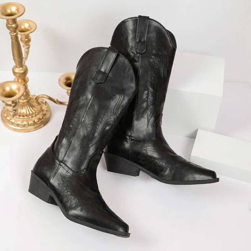 Embroidered Pointed Toe Non-knee Mid-leg Boots 2026 Winter Fashion New Large-tube Circumference Thin Chunky Heel Shoes