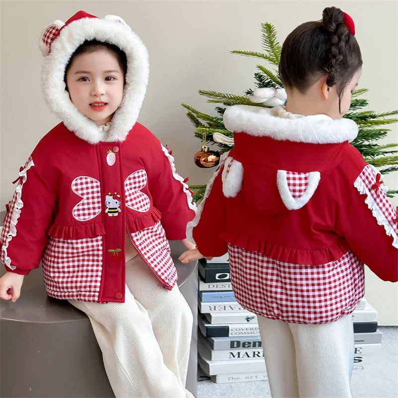 

Anime Hello Kitty Girls' Winter Cotton-Padded Jacket Kid's Thicken Outerwear Warm Fleece-Lined Hooded Jacket Ooded Snowsuit