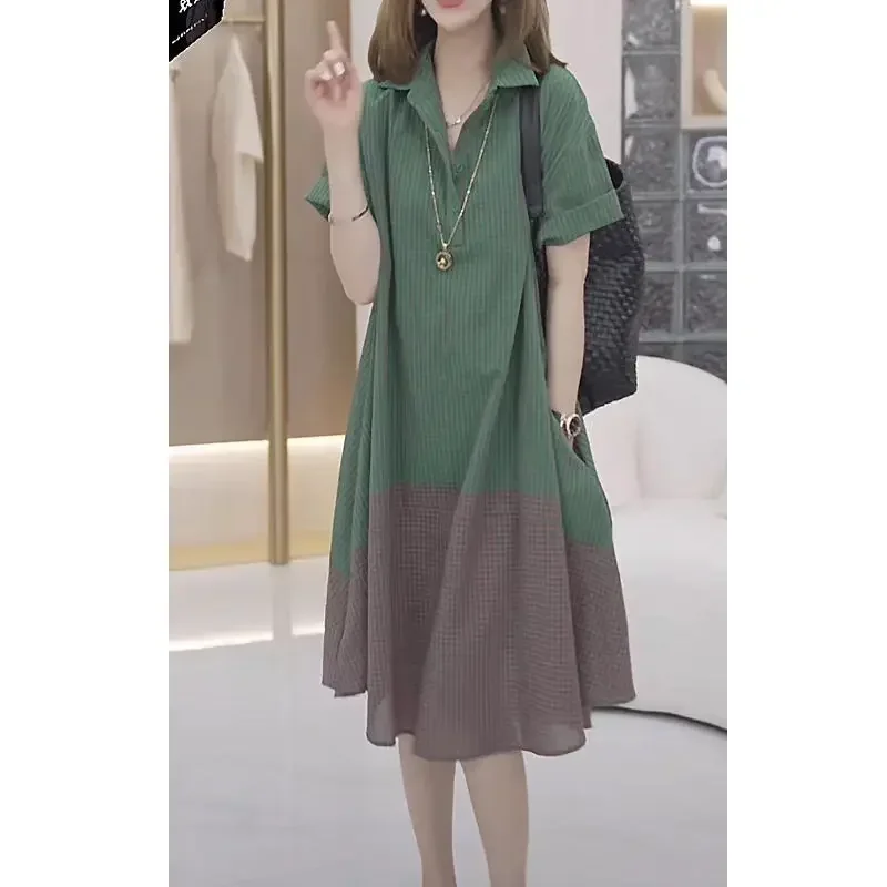 Women's Clothing Contrast Color Patchwork Elegant Shirts Dresses Summer Trendy Short Sleeve Casual Oversized Midi Dress Vestidos