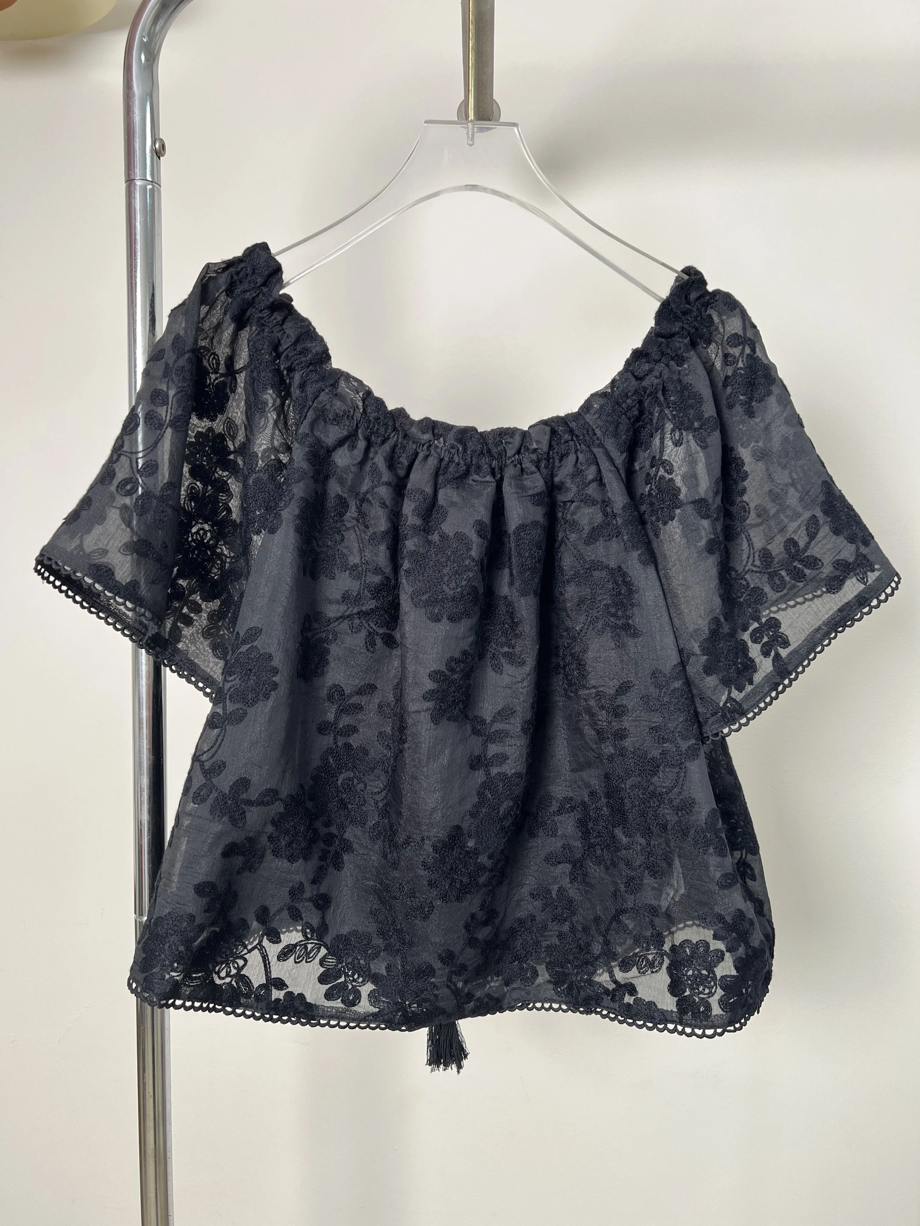Women's Black Off Shoulder Lace Blouse Floral Embroidery Drawstring Short Sleeve Casual Top