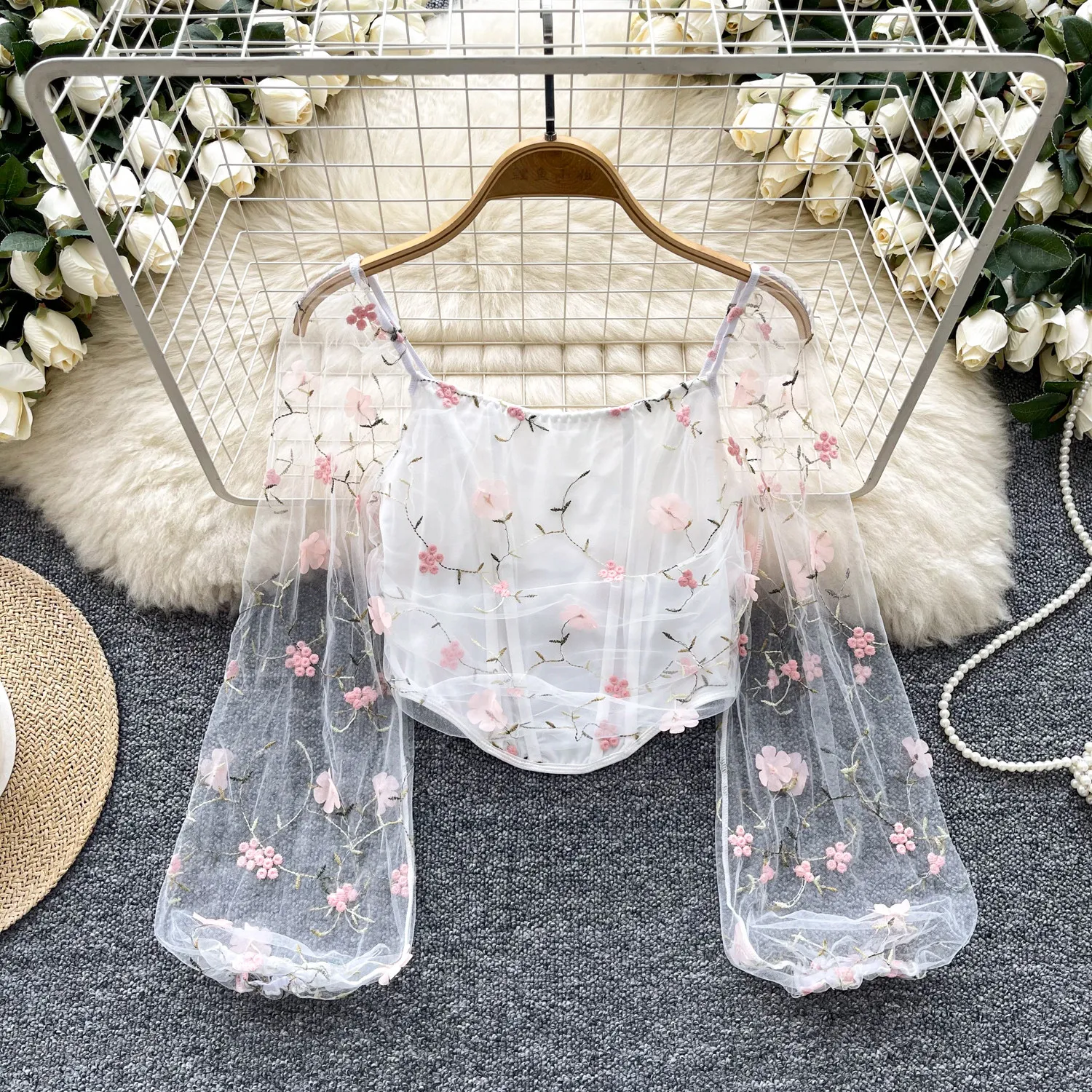 Fashion Gauze Floral Long Sleeve Crop Tops for Women Sexy Backless Corset Summer Clothes Slim Camisole Fishbone Bustier Tank Top