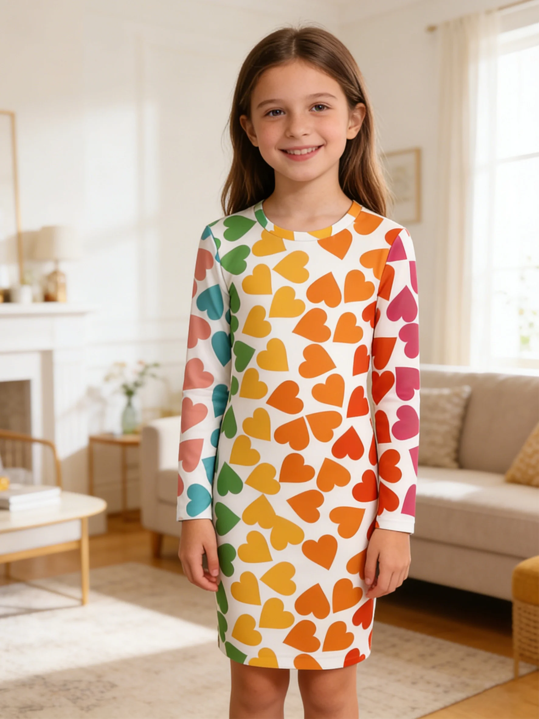 

2026 girls white bottom rainbow color love full print long sleeve slim dress