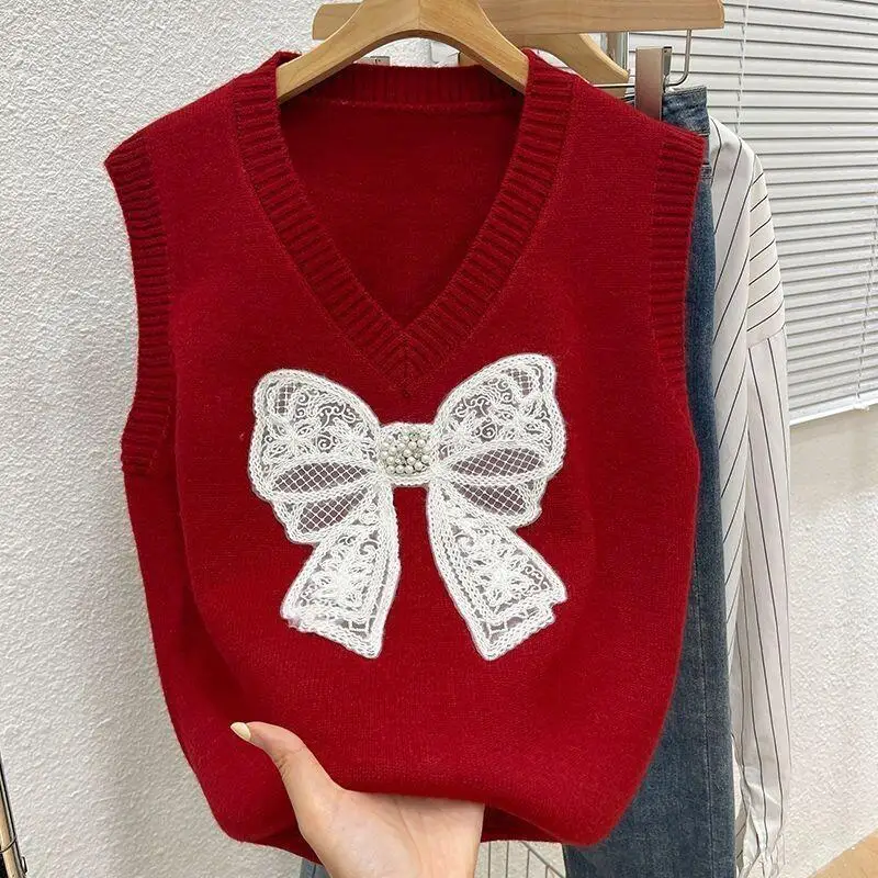 

Свежий сладкий милый многослойный свитер, женская верхняя одежда, жилет, осень-зима, v-образный вырез, дизайн, галстук-бабочка, бретелька для ногтей, вязаный из бисера, новый