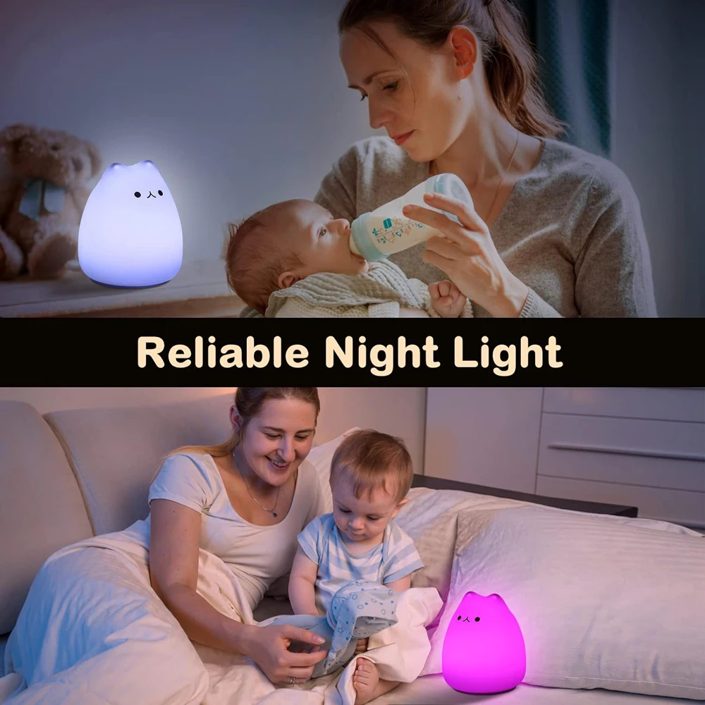 Cute Cat Night Light 7 Colors Silicone Nursery Cat Lamp for Kids Tap Control Energy Saving LED Lamp Cute Gifts for Girls Boys