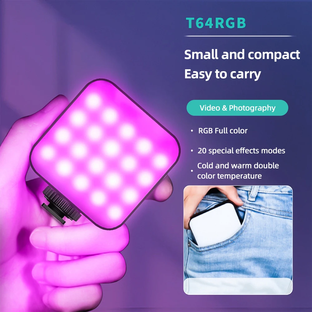 ANDOER T64RGB Pocket LED Video Light Mini RGB Photography Light 2500K-9000K±200K CRI≥95 3 Cold Shoe Mounts for Live Streaming