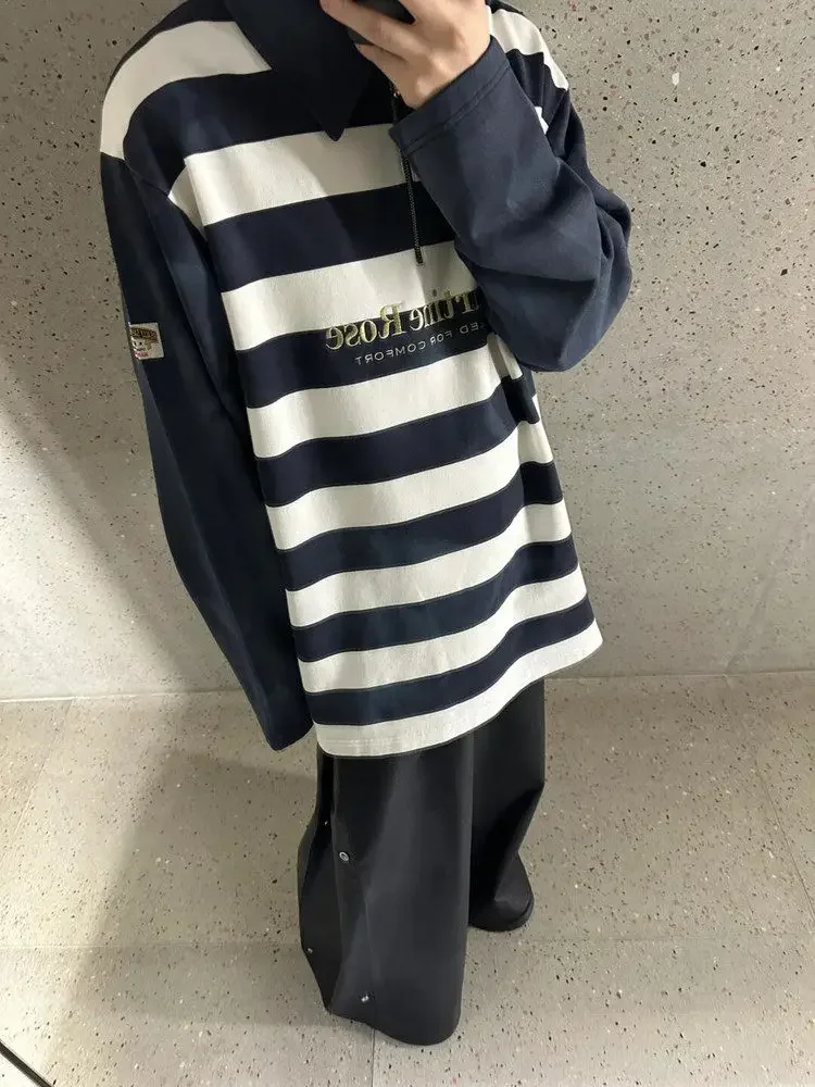

Marti Blue and White Striped Fleece Lapel Knitted Sweater Casual Loose Zip Polo Shirt