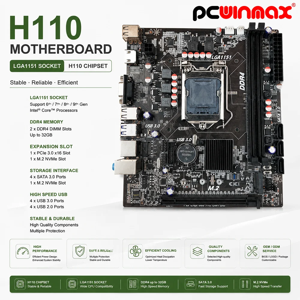 PCWINMAX New H110 Motherboard LGA 1151 DDR4 32GB Micro ATX Supports 6th 7th Generation Processors mATX Mainboard