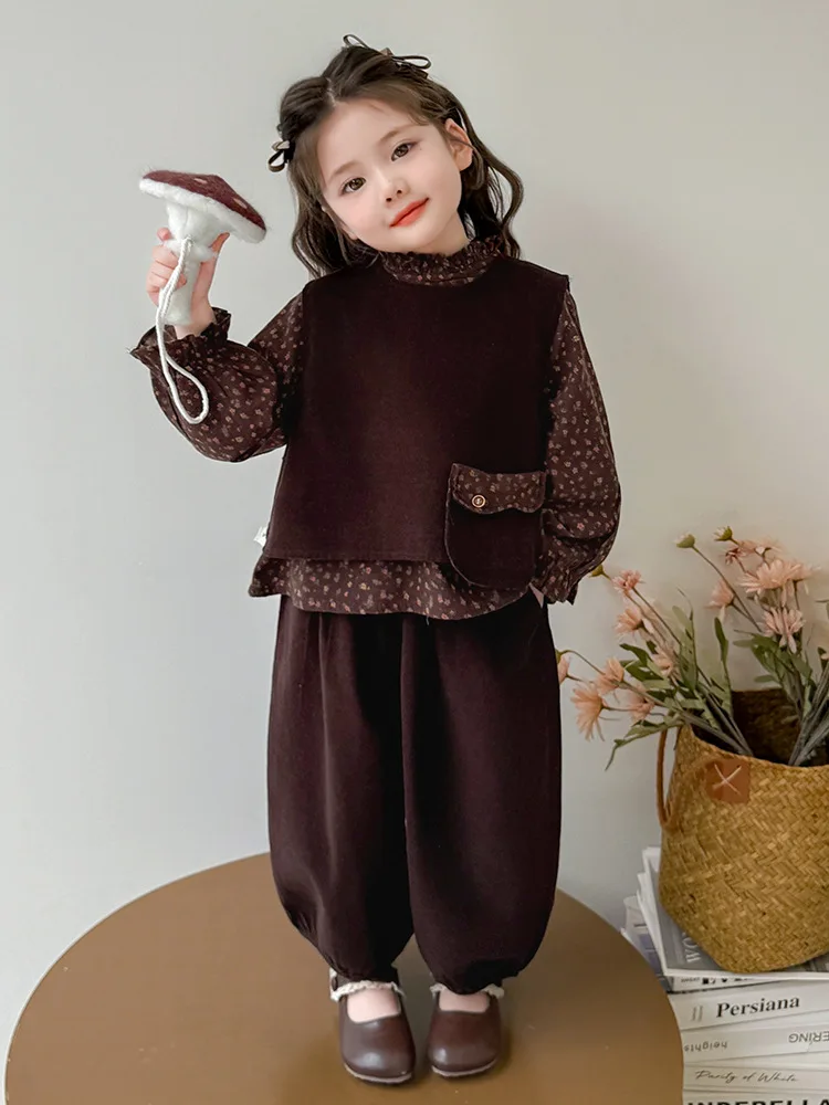 

Girls Suit2025Spring and Autumn New Fashionable Children's Clothing Mori Style Baby Girl Vest Three-Piece Set Floral