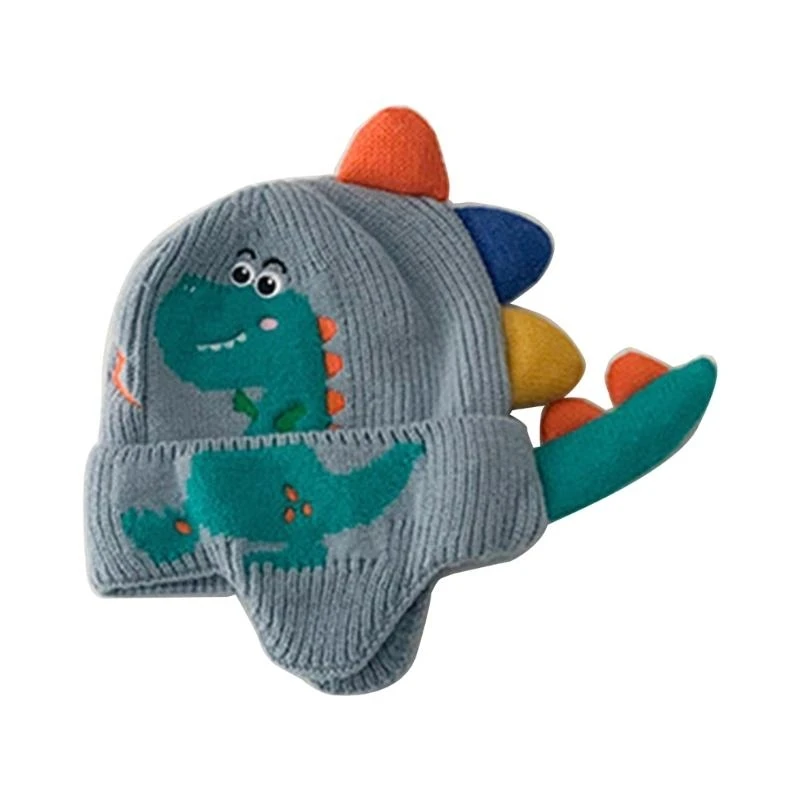 090B Kids Cartoon Knit Hat Dinosaur Cap Warm & Trendy Winter Headwear for Boys Girls