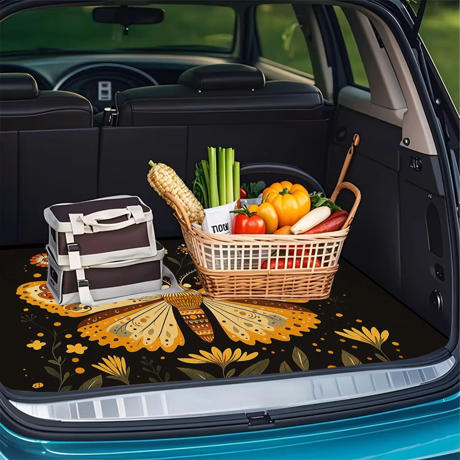 1pc, Vintage Floral Butterfly Style Car Trunk Mat. Features Exquisite Printed Patterns, A Must-Have For Travel, Universally Comp