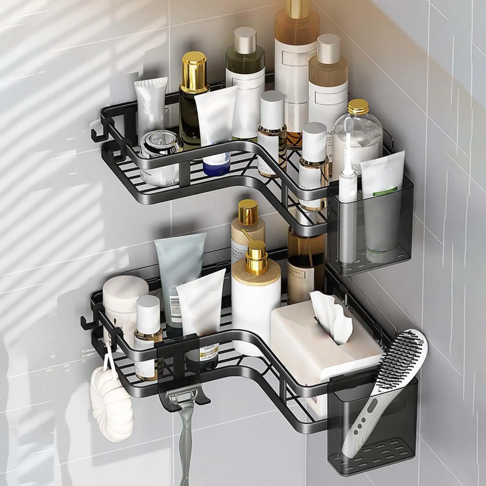 

Bathroom Shelves Bathroom Wall Shelf With Toothpaste Holder And Hook Hold 15 Kg Adhesive 2 Pieces Shampoo Rack For Kitchen