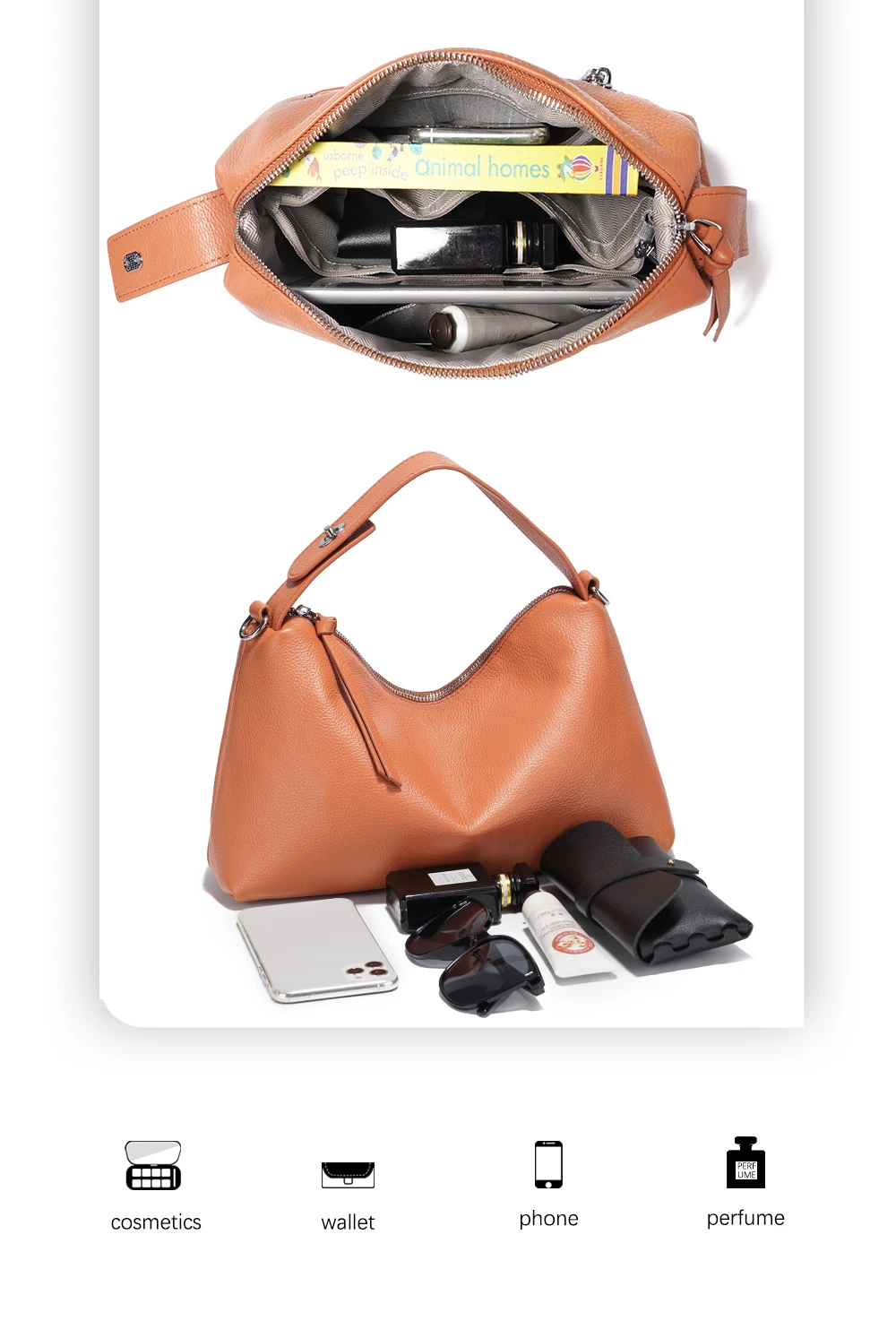 Zency Echtes Leder Tophandle Tasche Mode Hobo Tasche Frauen Schulter Handtasche Umhängetasche Designer Elegante Weiße Satchel Retro Braun – Detail 4