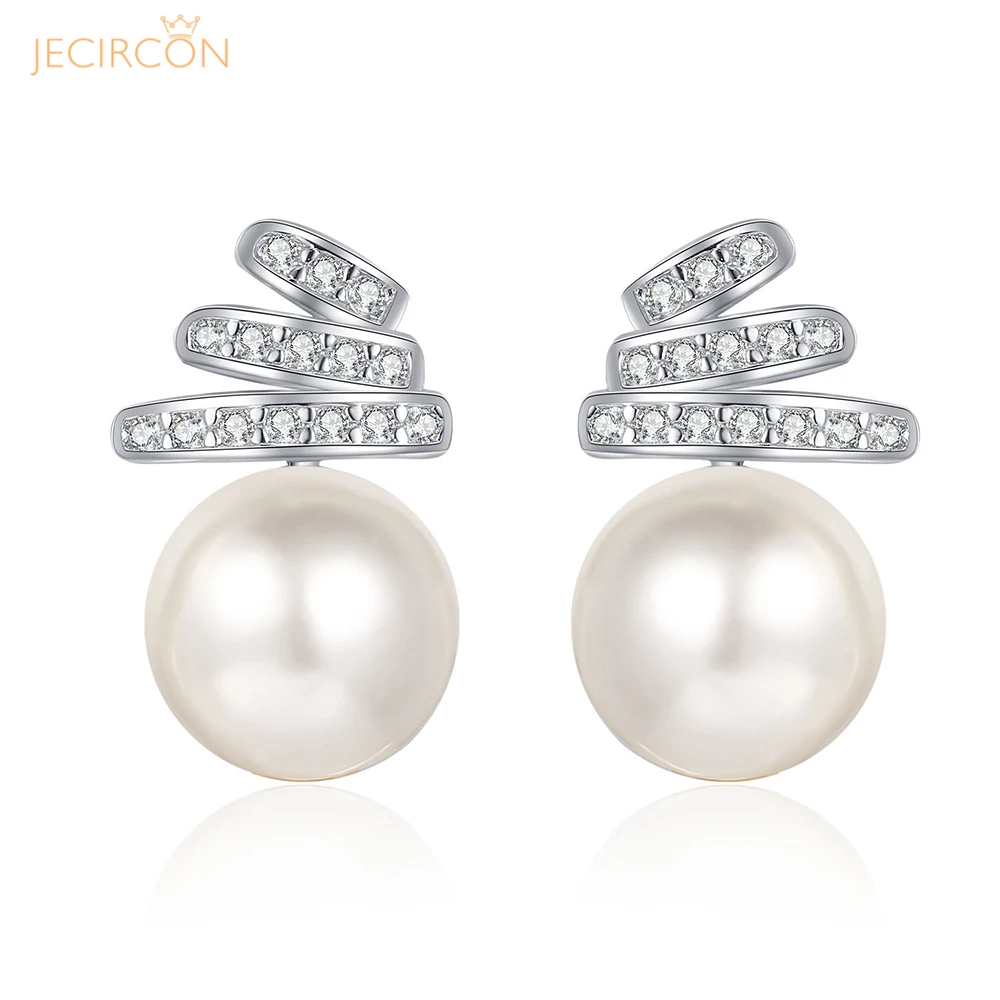 

JECIRCON 925 Sterling Silver Earrings for Women 9MM Freshwater Pearl Ear Studs Simple Trendy 0.15 Carat Moissanite Accessories