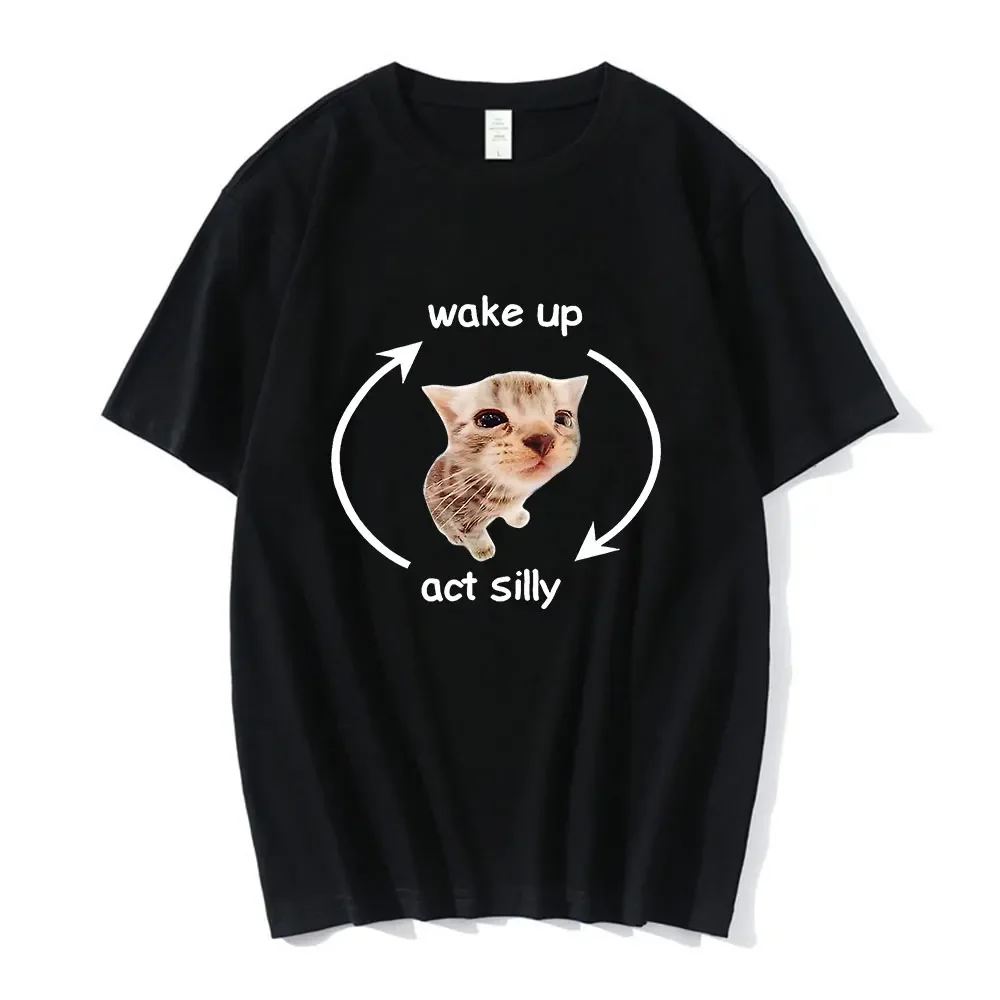 Wake Up Act Silly Cute Cat Meme Graphic T Shirt Men 100% Cotton Short Sleeve Tee Shirt Fashion Vintage Oversized T-shirt Unisex