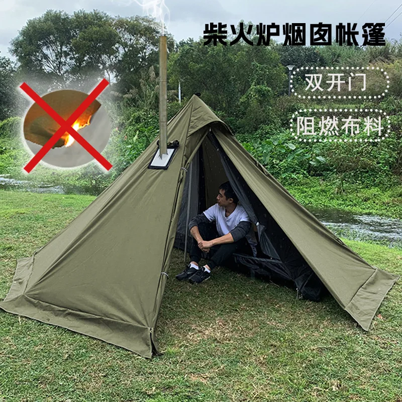 Outdoor pyramid tent for winter camping with built-in firewood stove Flame retardant Indian tent