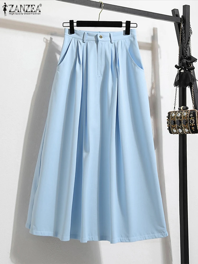 

ZANZEA, элегантные женские джинсовые длинные юбки, осень 2022, макси-юбки с высокой талией, повседневные однотонные офисные юбки с карманами и рюшами