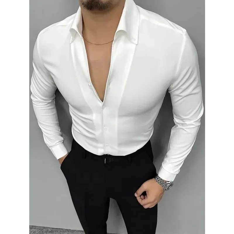 2024 New Men\'s 4-color Long Sleeve T-shirt Solid Color Multi-functional Casual Lapel Long Sleeve Breathable Men\'s Shirt