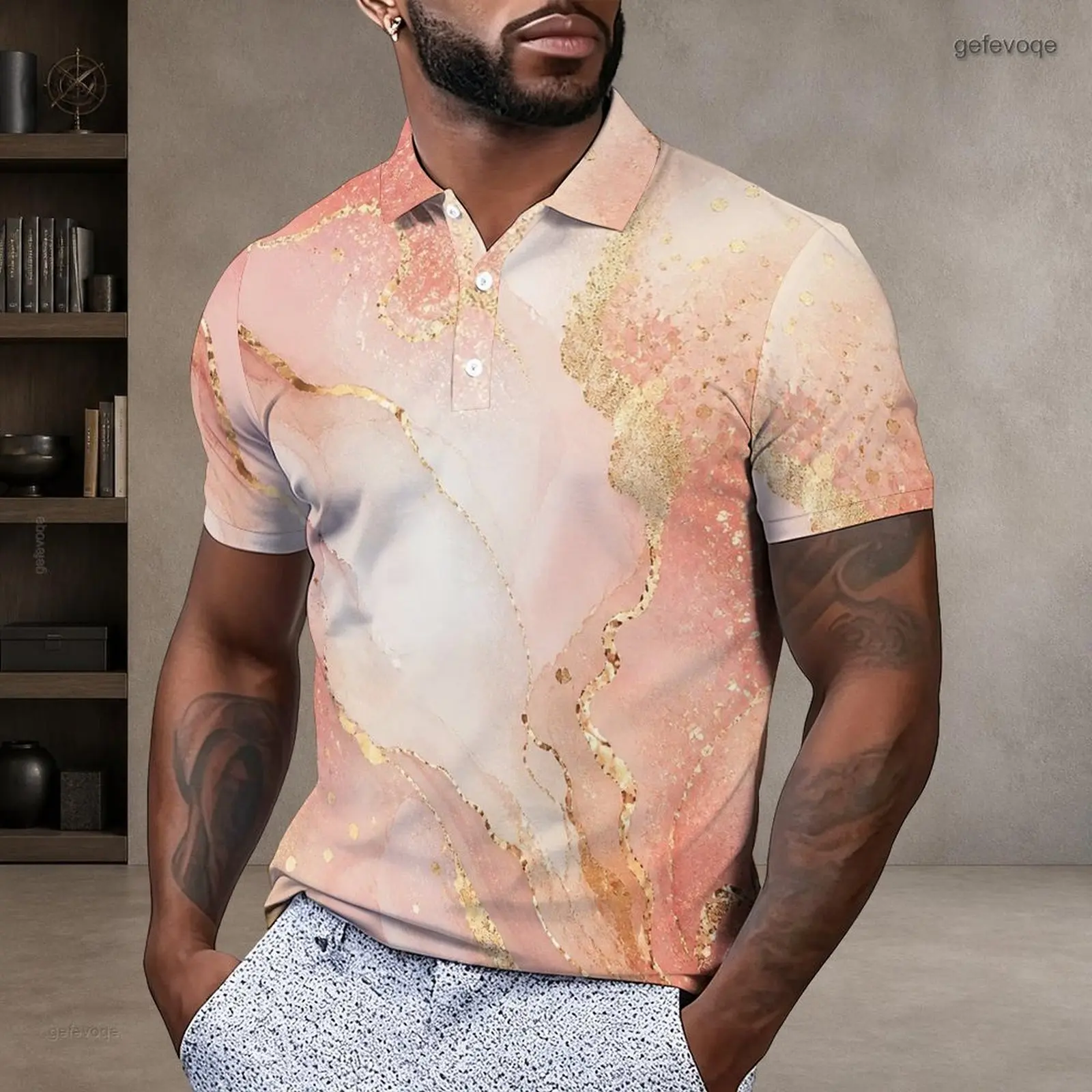 Men Polo Shirt with Print Short Sleeve Collared Neck Button Placket