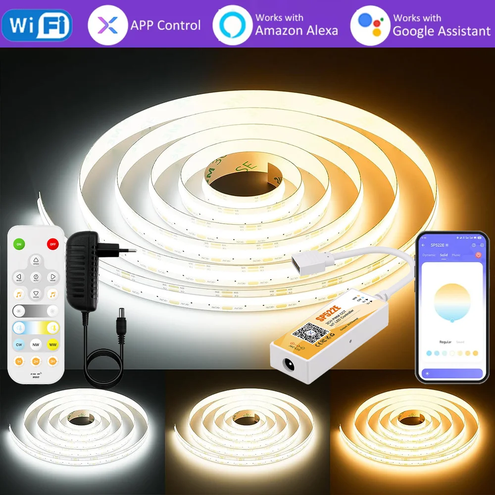 

WIFI DC24V COB Светодиодная лента 2700K-6500K CCT Настраиваемая белая супер яркая гибкая лента с регулируемой яркостью BanlanX APP Голосовое управление
