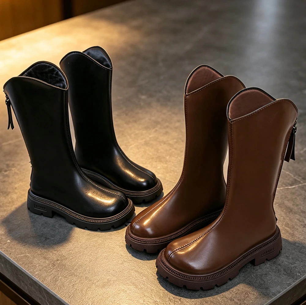  Minimalist Girls Black Brown Beige PU Leather Boots Winter Warm Padded Lining Non-slip Shoes Carnival Party Fashion Boots