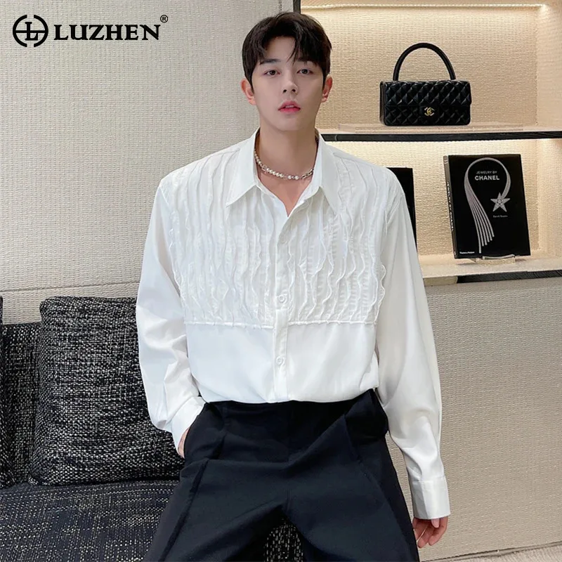 

LUZHEN Elegant Pleated Splicing Design Tops Men's Gentleman Temperament Men's Social Shirt Fashion 2024 Male Long Sleeve LZ6109