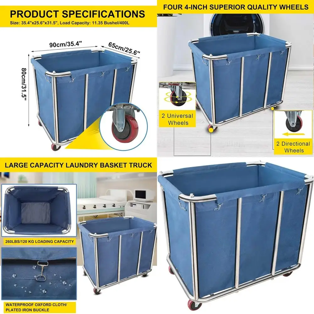 

Прочная промышленная тележка для прачечной на колесах, корзина большой вместимости, 35.4Д x 25.6Ш x 31.5В, 400 л