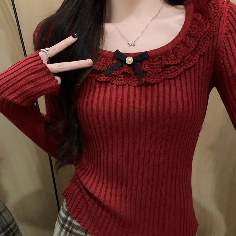 Neploe Sweet Lace Bow O-neck Bottoming T-shirts Spring New Slim Fit Black Tee Shirt Y2k Flare Sleeve Knitted Tops Women