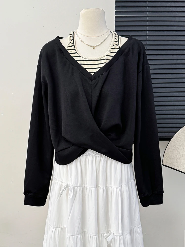 Korean V-Neck Fake Two-Piece Long Sleeved T-shirt For Women Spring Autumn Irregular Striped Patchwork Loose Female Short Tops