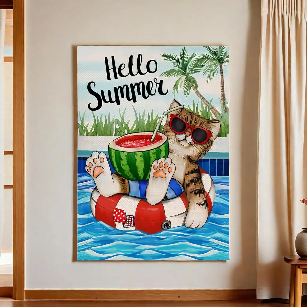 GGCC 7 FALG 12x18 inch Patio, Lawn & Garden outdoor flags - Summer Cat Garden Flag - Cat in a Watermelon Floatie