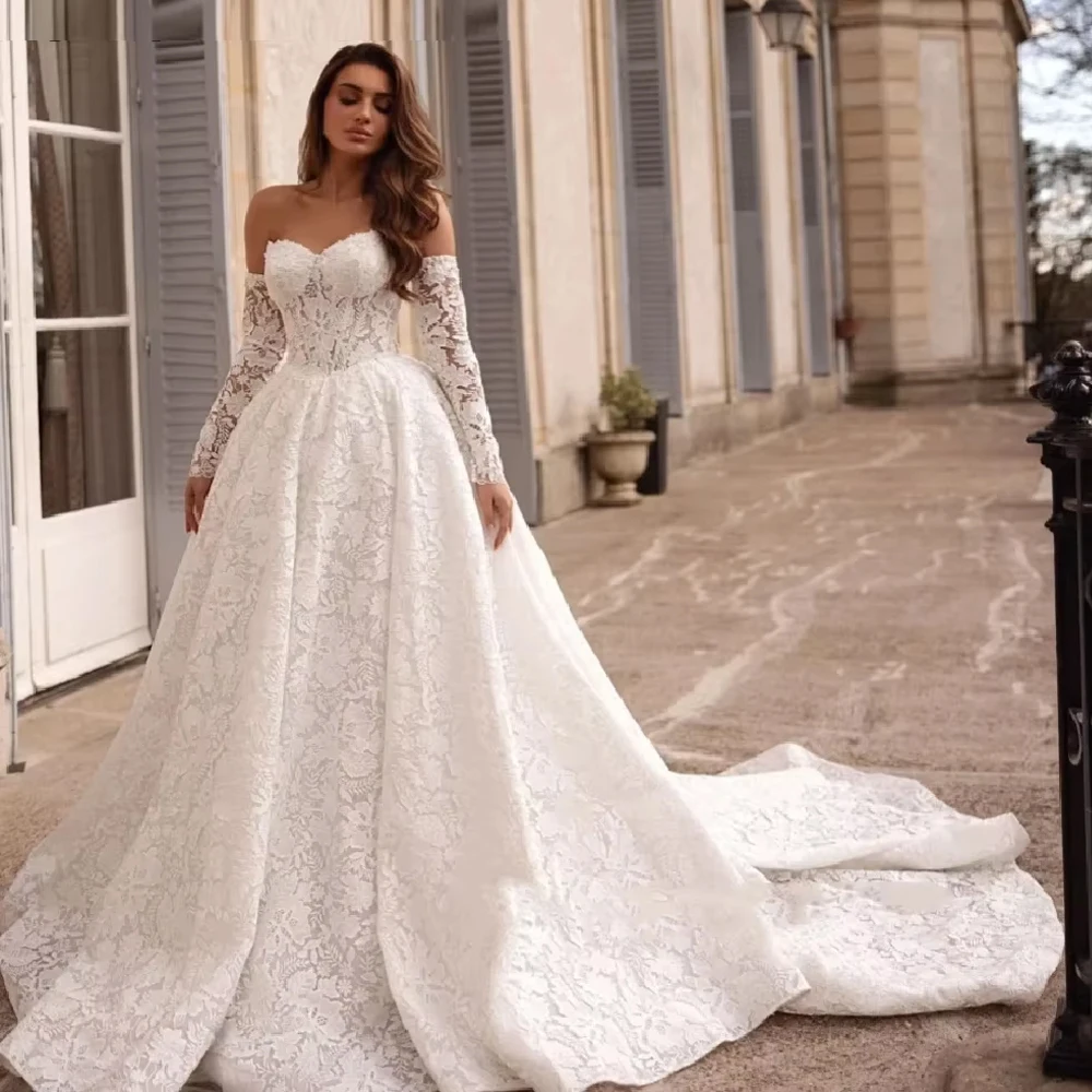 

Романтическое милое кружевное свадебное платье трапециевидной формы с длинными рукавами по индивидуальному заказу, свадебное платье принцессы со шлейфом, свадебное платье Vestido