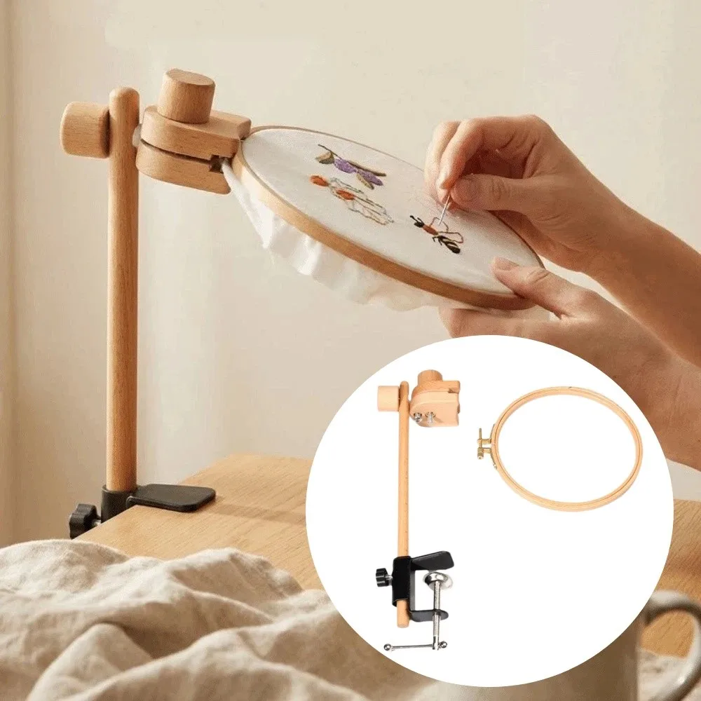 

Beech Wood Embroidery Frame Lap Stand Adjustable Clamp 360 Degree Rotation Cross Stitch Rack Compact DIY Embroidery Hoop Holder