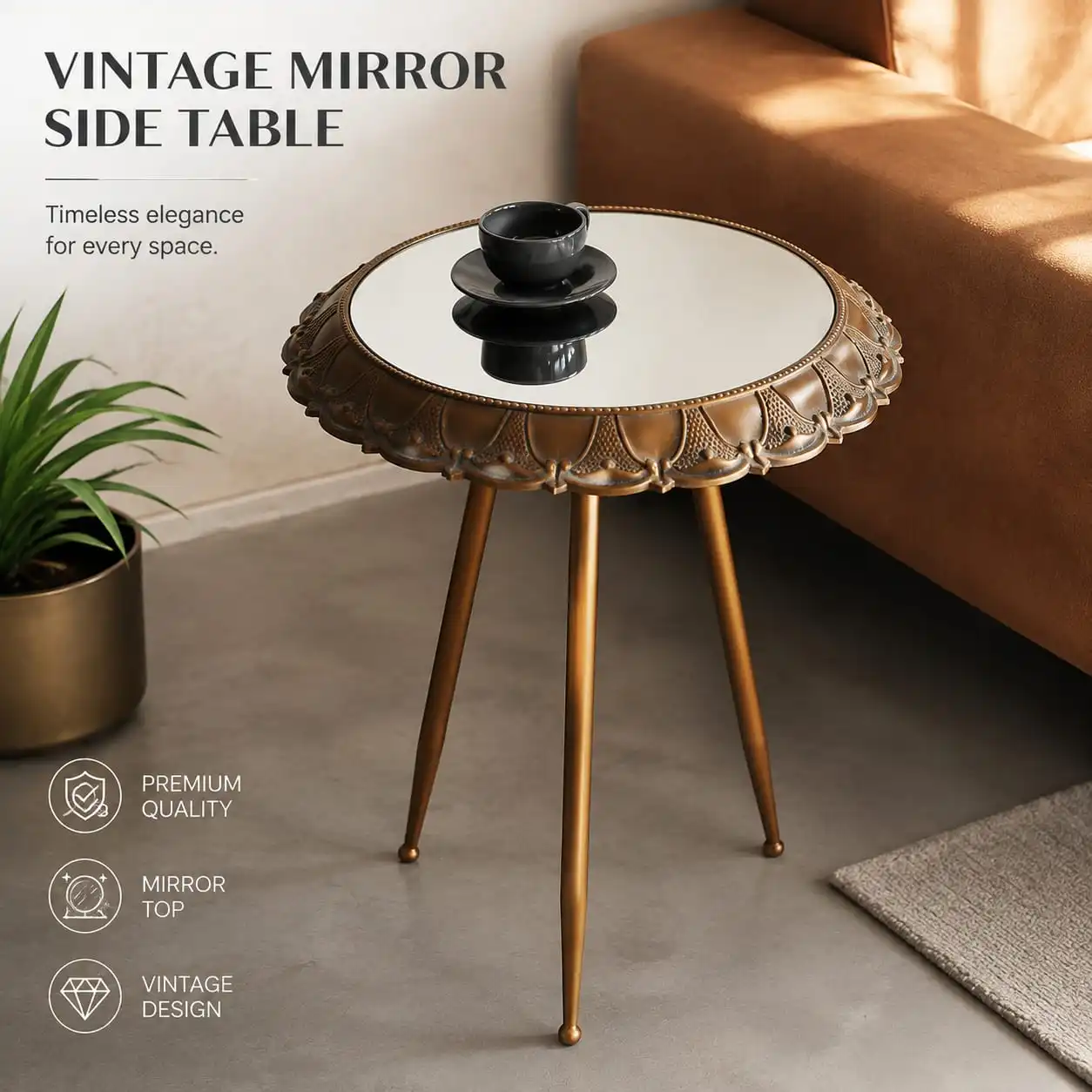 Retro Round Coffee Table with Mirror Top and Wrought Iron Frame – Vintage-Inspired Living Room Accent Table