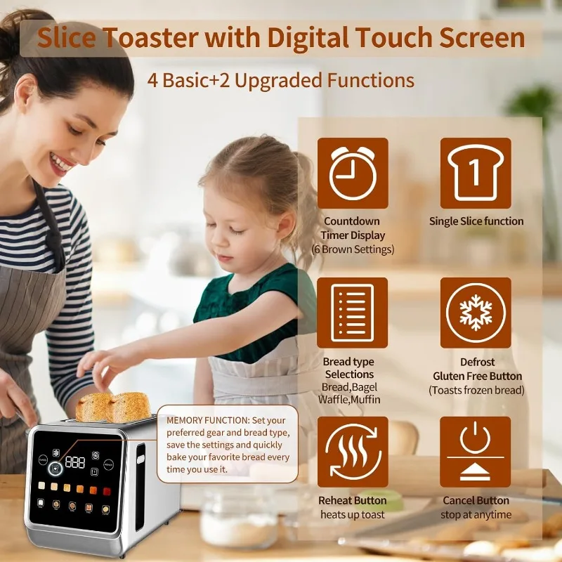 2 Slice with LCD Display Stainless Steel Digital Timer Toaster 6 Bread Types With Bagel Cancel,Defrost Functions