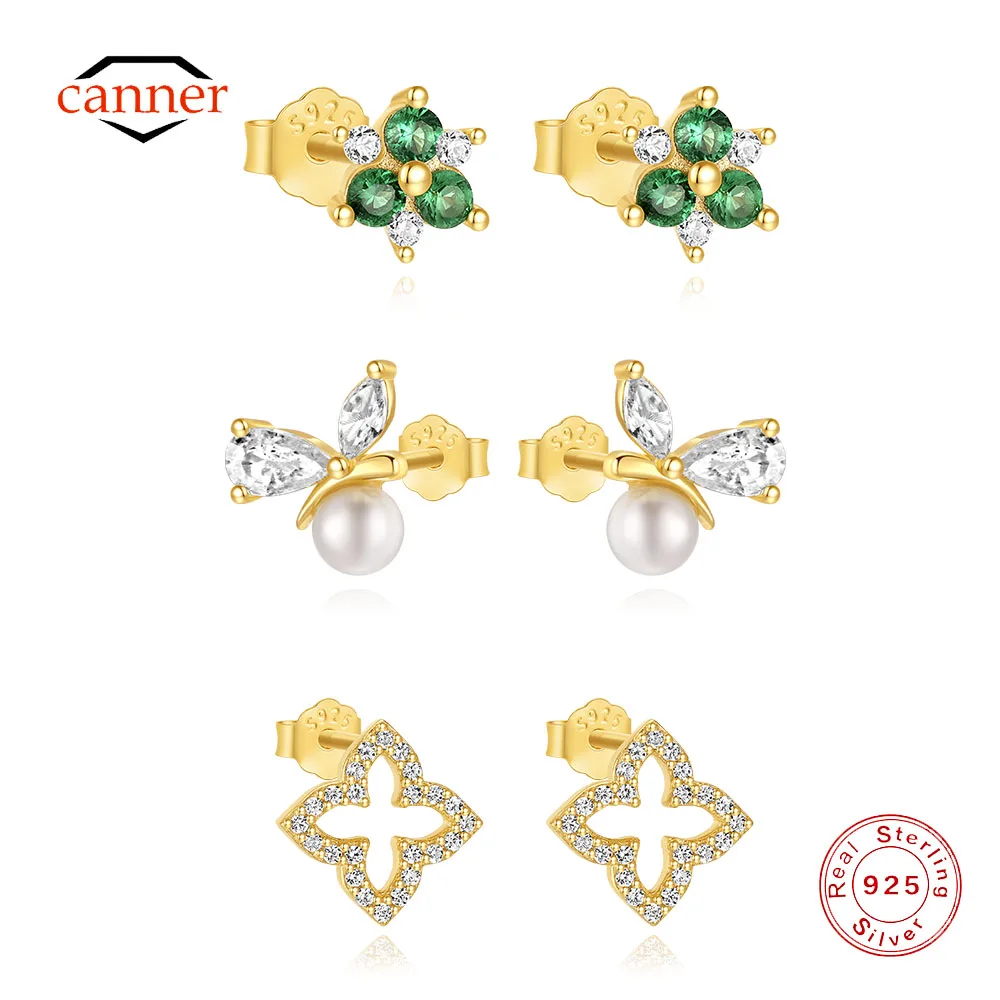 CANNER Minimalist Four Star Hollow Zircon 925 เงินสเตอร์ลิงสตั๊ดต่างหูผู้หญิง Minimalism Ins Shell ดอกไม้เครื่องประดับ Fine