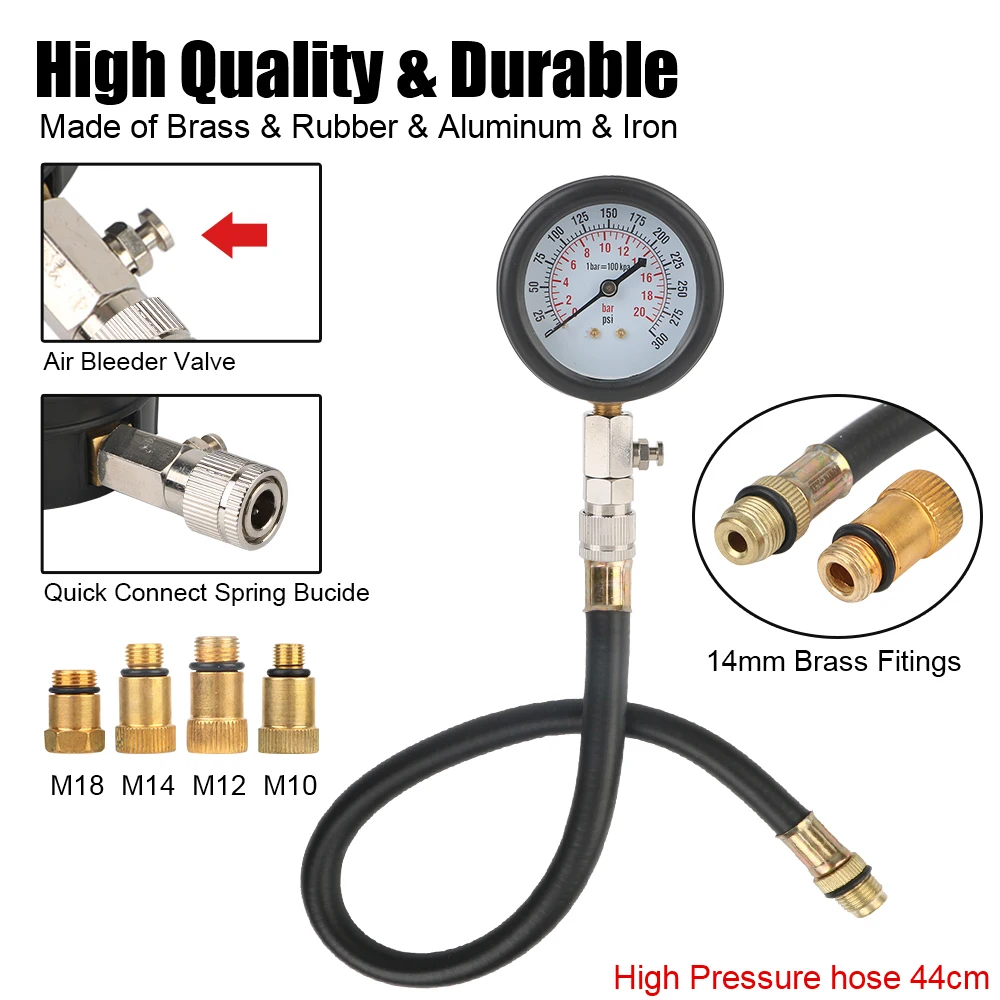 Gasoline Engine Compression Meter 0-300 PSI Pressure Gauge Automotive Cylinder Tester Kit with M10 M12 M14 M18 Adapter