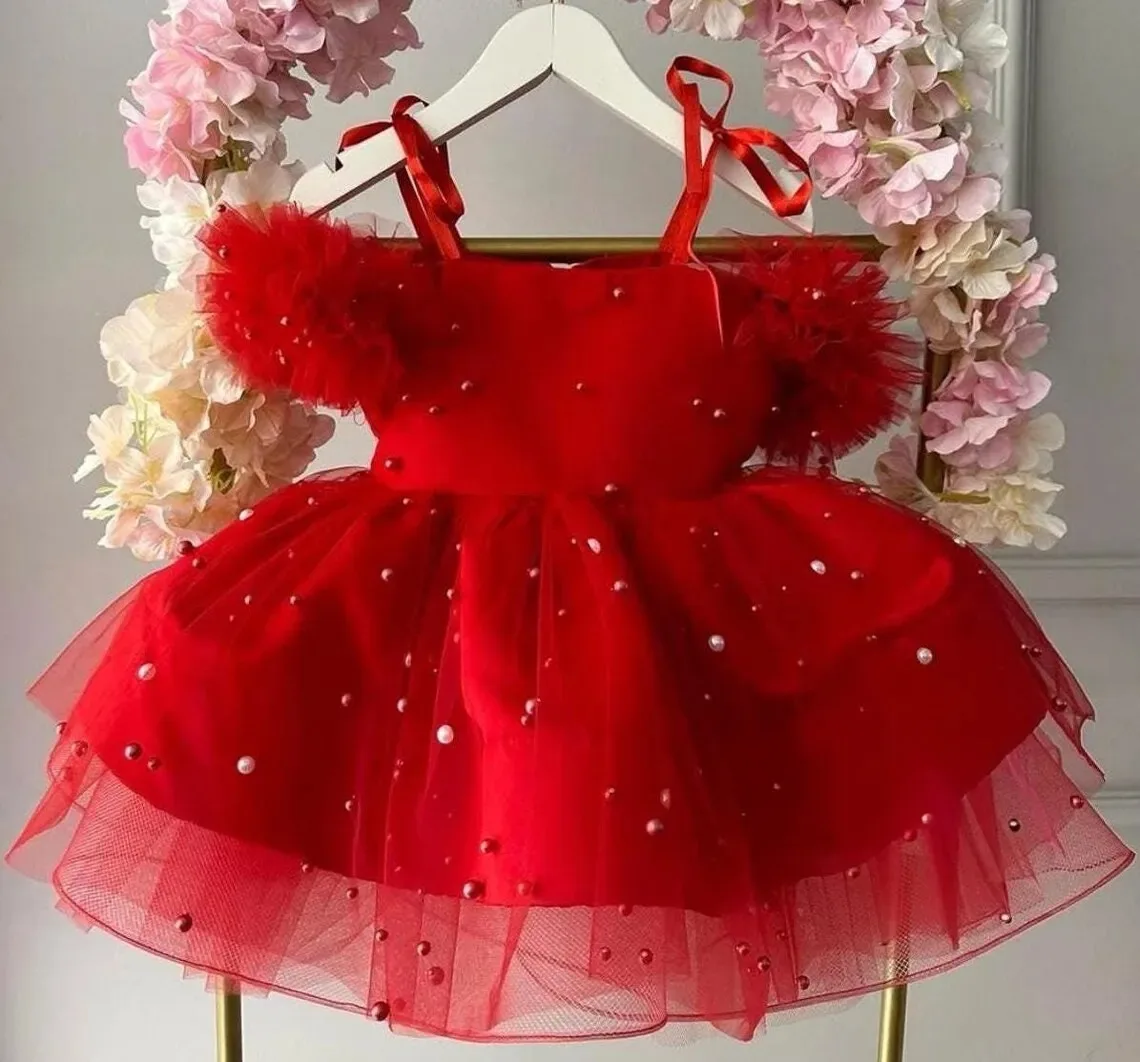 ที่กําหนดเอง Rose ดอกไม้สีชมพูสาวชุดสําหรับงานแต่งงานลูกปัดแขนกุด Puffy ประกวดชุดเด็กวันเกิด First Communion ชุด