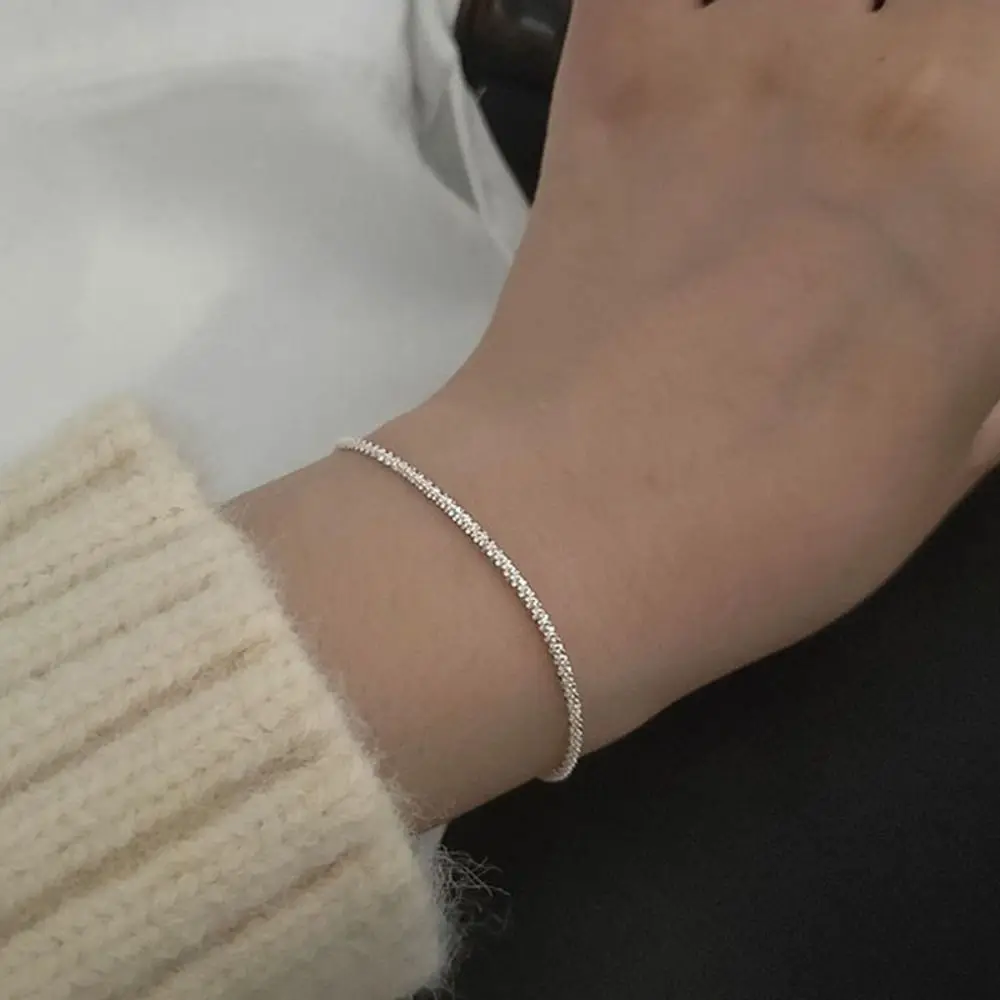 Moda elegante simples pulseira de metal geometria prata fina corrente pulseira mão jóias cascalho frisado brilhante pulseira feminina