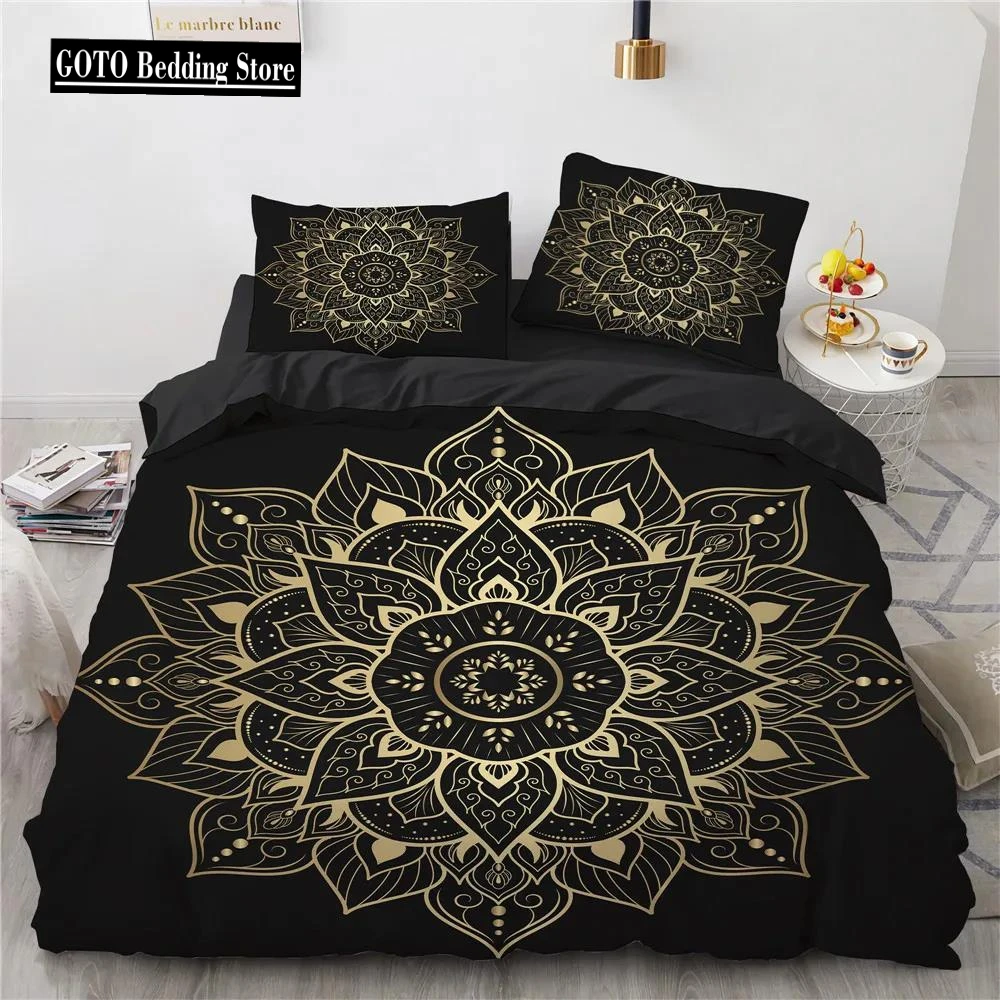 

Bohemia King Bed Cover Set Luxury Print Mandala Bedroom Quilt Cover Bedding Sets Black High-grade Duvetcover&2pcs Pillowcase